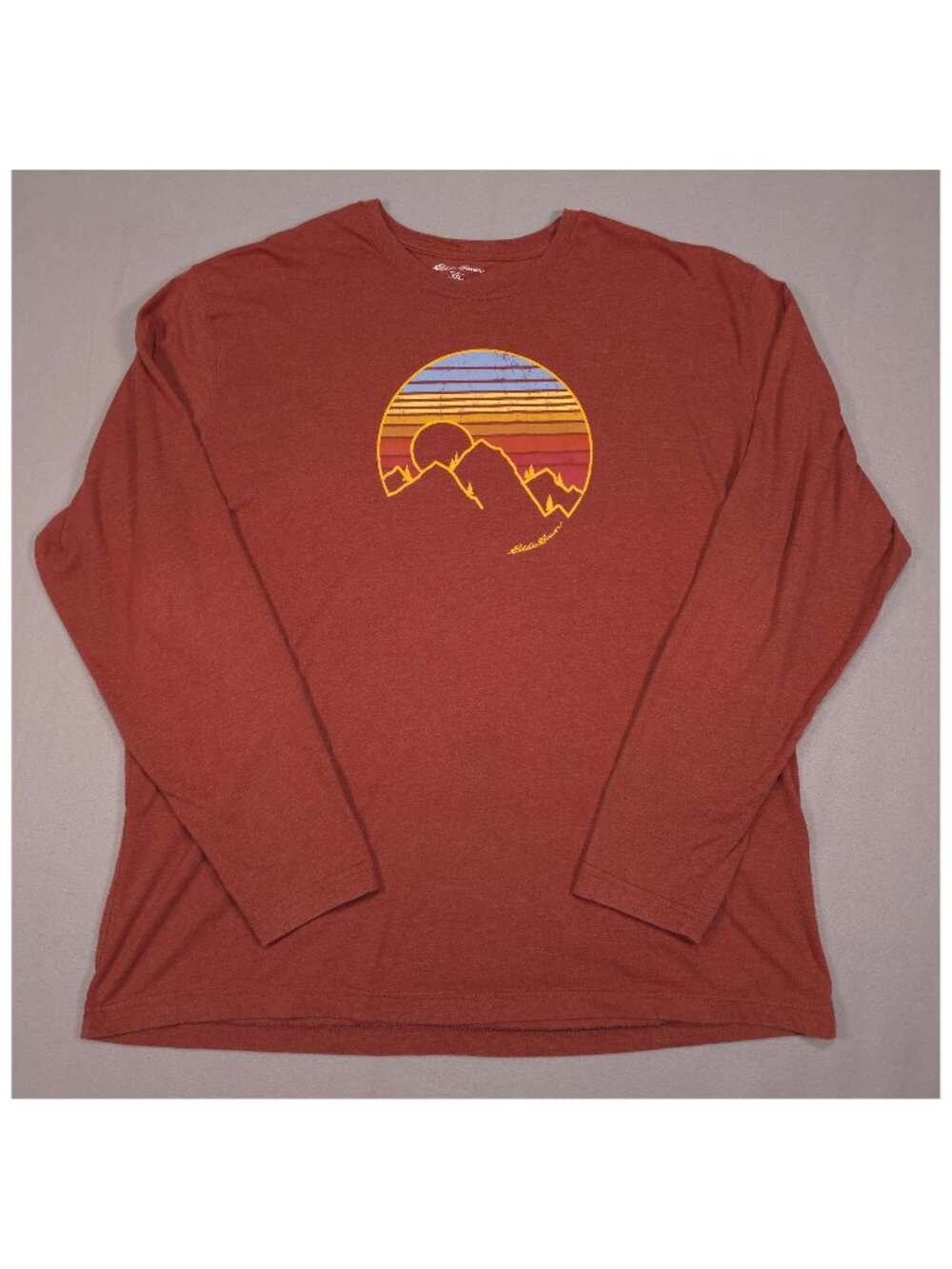 Eddie Bauer Men's XXL Mountain Sunset Graphic Long Sleeve Tee Rust Orange
